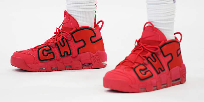 View of Chicago Bulls forward DeMar DeRozan's red and black Nike sneakers.